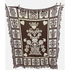 Vtg Cotton Blanket Chocolate Brown Tan Folk Throw Rustic Farmhouse Home Decor
